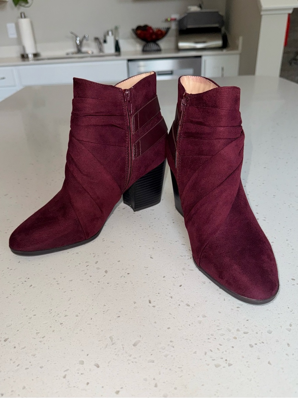 Andrew Geller Burgundy Suede Ankle Booties with Block Heel